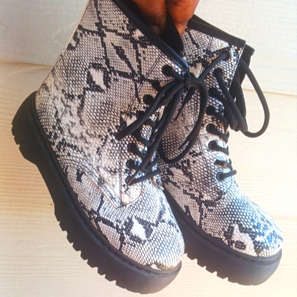 White and black snake print combat boots